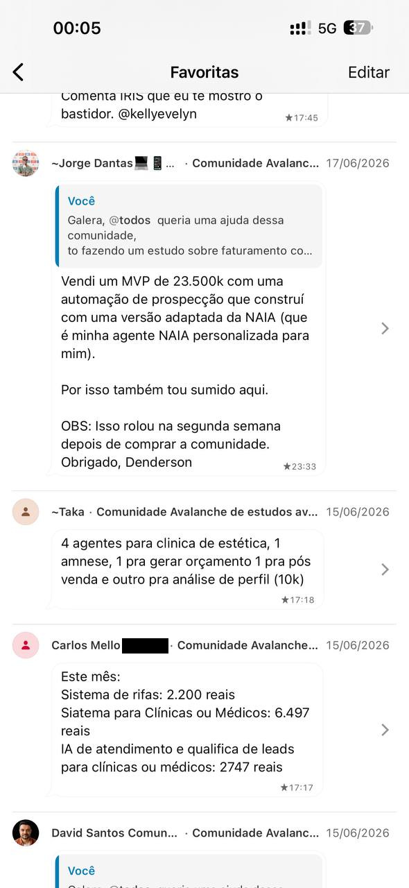 Print de grupo do WhatsApp: Jorge Dantas conta que vendeu um MVP de 23.500k com uma automacao de prospeccao construida na versao dele da Naia, na segunda semana depois de entrar na comunidade.